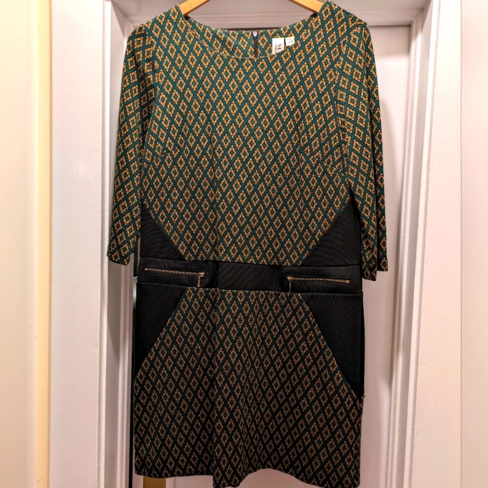 3/4 Sleeve Mini Dress Green/Gold Size M